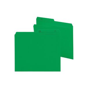 Two Smead Reversible File Folders, letter size, dark green (10367); one folder in front with preprinted tabs for labeling, the other slightly leaning back. Ideal for document organization—100 folders per box.