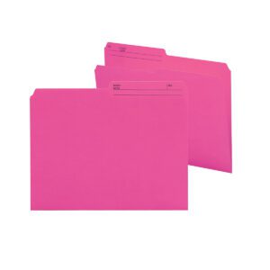 Two Smead Reversible File Folders in dark pink with 1/2-cut printed tabs overlap slightly. Tabs have black lines for Name and No. labels. These folders add color to your organization system against a white background. Product: Smead Reversible File Folder, Letter Size, Dark Pink (10368).