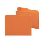 Two Smead Reversible File Folders in vibrant orange with 1/2-cut printed tabs labeled for Name and No. One folder shows a side view, the other its front cover—ideal for letter-size documents.