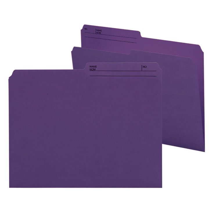 Two upright Smead Reversible File Folders in purple, with printed tabs labeled Name and No., are shown. Ideal for organized sorting, they are part of a collection of 100 per Box (10378).