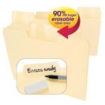 Three Smead Erasable SuperTab® File Folders with oversized erasable 1/3-cut tabs are displayed. An inset showcases a label stating Erases easily, alongside a marker and eraser, while a graphic notes a 90% larger erasable label area.