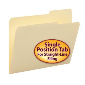 Displayed is a beige Smead file folder with a 2/5-cut single tab in the right position. The oval sticker reads, Single Position Tab for Straight-Line Filing in red and purple on an orange background. Ideal for organization, this Manila folder comes 100 per box (10385).