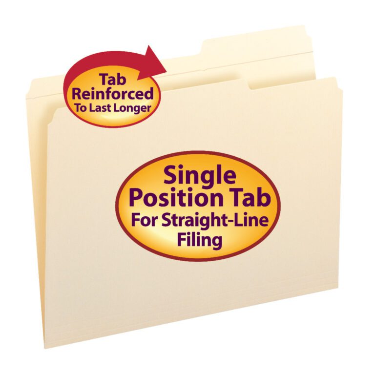 A Smead File Folder with a reinforced 2/5-cut right position tab is shown. A red arrow highlights Tab Reinforced To Last Longer. The letter-size folder, labeled Single Position Tab For Straight-Line Filing, guarantees durability and efficiency.