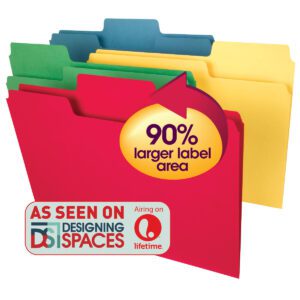Four assorted-colored Smead SuperTab? Heavyweight File Folders (green, blue, yellow, red) are highlighted with the red one in front. They feature a 90% larger label area and were showcased on Designing Spaces on Lifetime. These letter-size folders come 50 per box (10410).