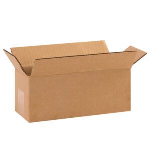 An MH-USA 10 x 4 x 4 long corrugated box, part of a 25/bundle pack, is displayed with open flaps on a white background, highlighting its durable construction.