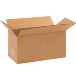 A cardboard box with flaps open, against a plain background, showcases the MH-USA 10 x 5 x 5 Long Corrugated Box (25/Bundle) with its robust corrugated texture, ideal for packing and shipping.