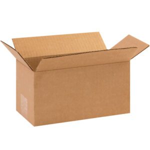 A cardboard box with flaps open, against a plain background, showcases the MH-USA 10 x 5 x 5 Long Corrugated Box (25/Bundle) with its robust corrugated texture, ideal for packing and shipping.