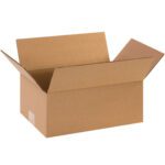 An empty open brown MH-USA 10 x 6 x 3 flat corrugated box with outward flaps sits against a plain white background.