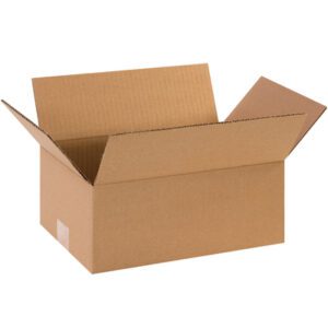 An empty open brown MH-USA 10 x 6 x 3 flat corrugated box with outward flaps sits against a plain white background.