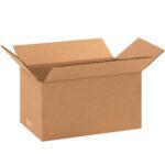 Partially open brown cardboard box with flaps, set against a white background, reveals the depth and structure of an empty MH-USA 10 x 6 x 5 corrugated box from a side angle, showcasing its quality craftsmanship suitable for various packaging needs.