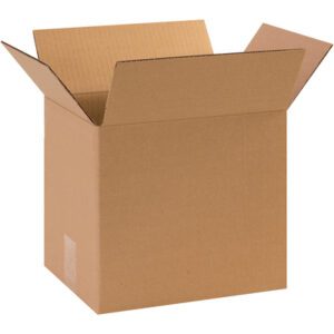 An open MH-USA 10 x 7 x 9 corrugated box, with extended flaps, sits against a white background. Its rectangular shape and simple design are highlighted by the empty space inside.