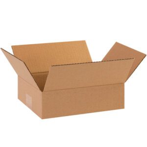 A brown MH-USA 10 x 8 x 3 flat corrugated box with extended flaps rests on a pristine white background.