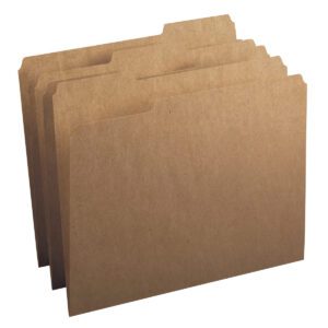 Five Smead File Folders, letter size with 1/3-cut tabs and kraft color, stand upright and slightly overlapping. These folders are plain yet durable, crafted for seamless document organization.