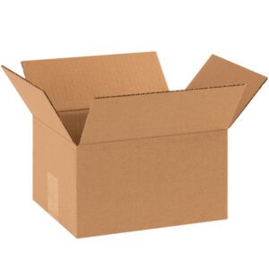An empty MH-USA 10 x 8 x 6 corrugated box with partially raised flaps is positioned against a white background.