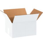 An MH-USA 10 x 8 x 6 white corrugated box with raised flaps shows a brown interior, set against a plain white background.