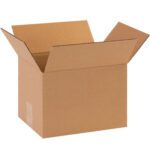 An open MH-USA 10 x 8 x 7 corrugated box with flaps extended outward sits empty against a plain white background, showcasing its sturdy brown design.