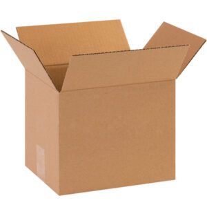 An MH-USA 10 x 8 x 8 corrugated box from a 25-bundle is open with slightly raised flaps against a white background, showcasing its simple brown texture.