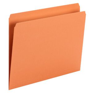 An orange Smead File Folder (10941) stands upright against a white background, slightly open to reveal its two inner flaps. The letter-size folder looks new, featuring tabs on the left side.
