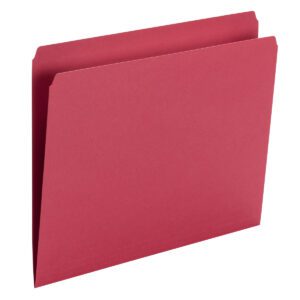 A Smead File Folder, Straight Cut, Letter Size, Red (10943), stands upright against a white backdrop. Its smooth, unmarked surface exudes simplicity and elegance, perfect for efficient document organization. Part of the 100 per Box collection, it ensures style with practicality.