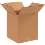 An open, empty MH-USA 11 x 11 x 13 Corrugated Box with extended flaps is set against a white background. Made from brown corrugated material, the box lacks labels or markings and is sold in bundles of 25.