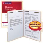 A Manila Smead Fastener File Folder, featuring a reinforced 1/3-cut tab for durability, is open to show documents with text and graphs. The pack of 12 (11537) from Classic Fastener folders includes a red circular icon highlighting its long-lasting design.