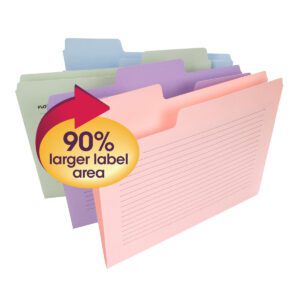 The Smead SuperTab Notes File Folder set (11651) includes 12 letter-size folders with oversized tabs in assorted pastel colors—pink, lavender, blue, and green. The pink folder has a yellow circle with a red arrow pointing to its bold 90% larger label area.