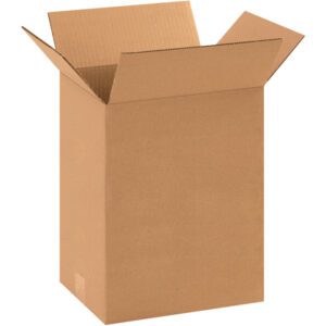 An open MH-USA 11 1/4 x 8 3/4 x 14 corrugated box is displayed on a white background with flaps spread outwards, revealing its ample interior space. This sturdy box, seen upright and empty, is sold in bundles of 25.
