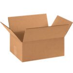 An open, empty MH-USA flat corrugated box (11 1/4 x 8 3/4 x 4) is shown on a white background with its flaps spread outward.