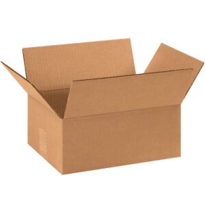 An open, empty MH-USA flat corrugated box (11 1/4 x 8 3/4 x 4) is shown on a white background with its flaps spread outward.