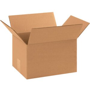 An open MH-USA 11 1/4 x 8 3/4 x 8 corrugated box from a bundle of 25 is on a white background, its flaps angled outward. The empty box reveals a simple corrugated texture.