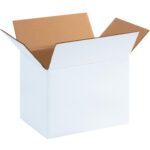 An open MH-USA White Corrugated Box, 11 1/4 x 8 3/4 x 8, with a white exterior and brown interior, features outward-folded flaps.