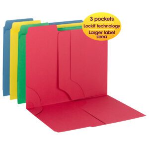 The Smead 3-in-1 SuperTab Section Folder (11905) comes in a set of four assorted colors including red, green, yellow, and blue. Each letter-size folder has three pockets, Lockit technology, and a larger label area with an oversized 1/3-cut tab for easy organization.