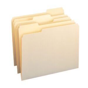 Four beige Smead file folders (11928), made of durable Manila, are upright and fanned out with tabs for labeling. Designed for letter-size documents, they appear empty against a white background. Sold in packs of 24, each folder has an assorted tab position for easy organization.