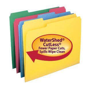 Displayed are four letter-sized Smead WaterShed?/CutLess? file folders in yellow, blue, red, and green. The yellow folder features a WaterShed CutLess: Fewer Paper Cuts, Spills Wipe Clean label with an arrow design. These have 1/3-cut staggered tabs and come in boxes of 100 (11951).