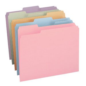The Smead File Folder (11953) includes 100 letter-size file folders in assorted colors—pink, blue, orange, green, and purple—with staggered 1/3-cut top tabs for labeling, perfect for efficient document organization.