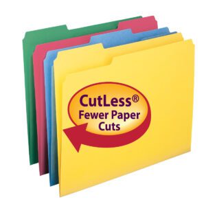 The Smead CutLess? File Folder (Letter Size, 1/3-Cut Tab, 100/Box) in assorted colors—yellow, blue, red, and green—features a yellow folder with the CutLess® Fewer Paper Cuts logo in red text and a red arrow design.