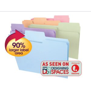 The Smead SuperTab File Folder (11962) features oversized 1/3-cut tabs with a 90% larger label area and comes in assorted pastel pink, blue, green, yellow, and purple colors. Its compatible with “Designing Spaces” on Lifetime and available in sets of 100 per box.