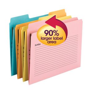 A pack of Smead SuperTab Notes Folders includes 24 letter-size folders in assorted colors (blue, yellow, orange, green, and pink). Each folder features an oversized 90% larger label area and a fastener for easy organization.