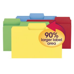 A stack of four Smead SuperTab® File Folders in yellow, green, blue, and red—legal size with oversized 1/3-cut tabs for a 90% larger label area. A circular label on the yellow folder shows this feature. Sold in boxes of 100 (11988).
