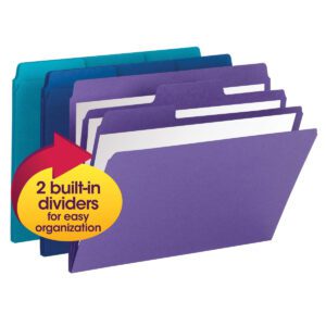 The Smead SuperTab Organizer File Folder (11989) set of three includes teal, blue, and purple folders with oversized 1/3-cut tabs; the purple folder has two built-in dividers for organizing letter-size documents.