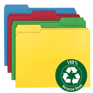Brightly stacked Smead 100% Recycled File Folders, in assorted colors including yellow with a green 100% Recycled Stock label, offer durable, eco-friendly office solutions. Perfect for organizing with reinforced 1/3-cut tabs and letter size. (12008).
