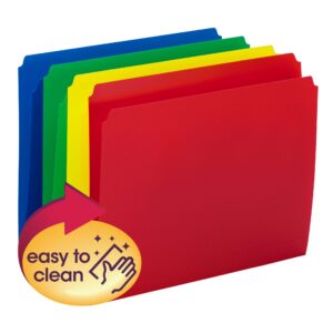 The Smead Poly File Folders (12009), available in a 12-pack with assorted colors like red, yellow, green, and blue, feature straight-cut tabs for easy organization. An icon with a hand and cloth symbol indicates they are easy to clean.