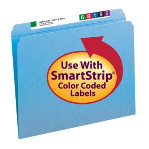 The blue Smead File Folder (12010) is letter-sized and has a large yellow circle logo with Use With SmartStrip Color Coded Labels featuring a top tab displaying colored numbers and a white label for name and address.