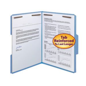 The blue Smead WaterShed/CutLess Fastener File Folder (12042) with reinforced 1/3-cut tab perfectly holds letter-size papers, displaying a Proposal Costs chart and letter. It features Tab Reinforced to Last Longer, providing durability for documents.