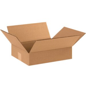 The MH-USA 12 x 10 x 3 Flat Corrugated Boxes (25/Bundle) sit with flaps extended on a white background, empty and primed for versatile use.