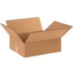 An open brown 12 x 10 x 4-inch MH-USA flat corrugated box with raised flaps is set against a white background. The empty box shows its texture, ideal for shipping, available in a bundle of 25.
