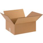 An open, empty MH-USA 12 x 10 x 5 flat corrugated box with flaps extended outward on a white background. This medium-sized box features the typical brown, textured exterior of corrugated material and meets your shipping needs. Available in bundles of 25.