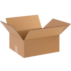 An open, empty MH-USA 12 x 10 x 5 flat corrugated box with flaps extended outward on a white background. This medium-sized box features the typical brown, textured exterior of corrugated material and meets your shipping needs. Available in bundles of 25.