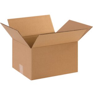 A brown MH-USA 12 x 10 x 7 corrugated box, flaps open, rests on a white background. This empty box is available in bundles of 25 and includes a tape strip at the bottom edge.