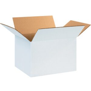 An open MH-USA 12 x 10 x 8 white corrugated box with outward-folded flaps reveals its brown interior. Set against a white background, the boxs crisp exterior is highlighted. Sold in bundles of 25, these boxes offer versatility and practicality.